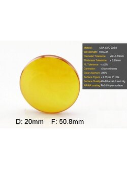 Co2 Laser Focus Lens Diameter : 20 mm. Focal Length : 50.8 mm.
