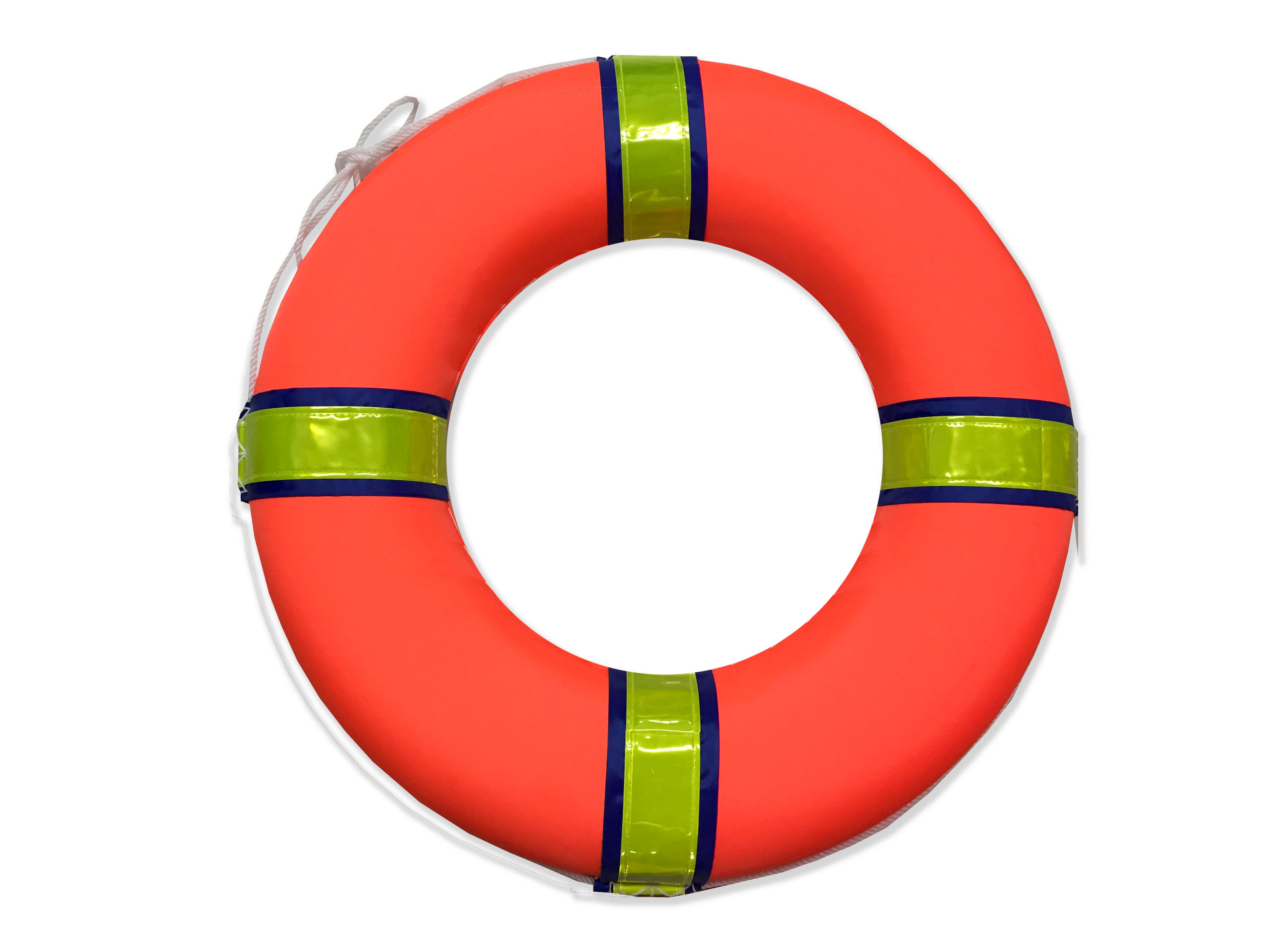 ห่วงชูชีพโฟมหุ้มผ้าดิบสีส้มคาดสีนํ้าเงิน+แถบสะท้อนแสงอย่างดี ขนาด 24 นิ้ว พร้อมเชือกรอบวง