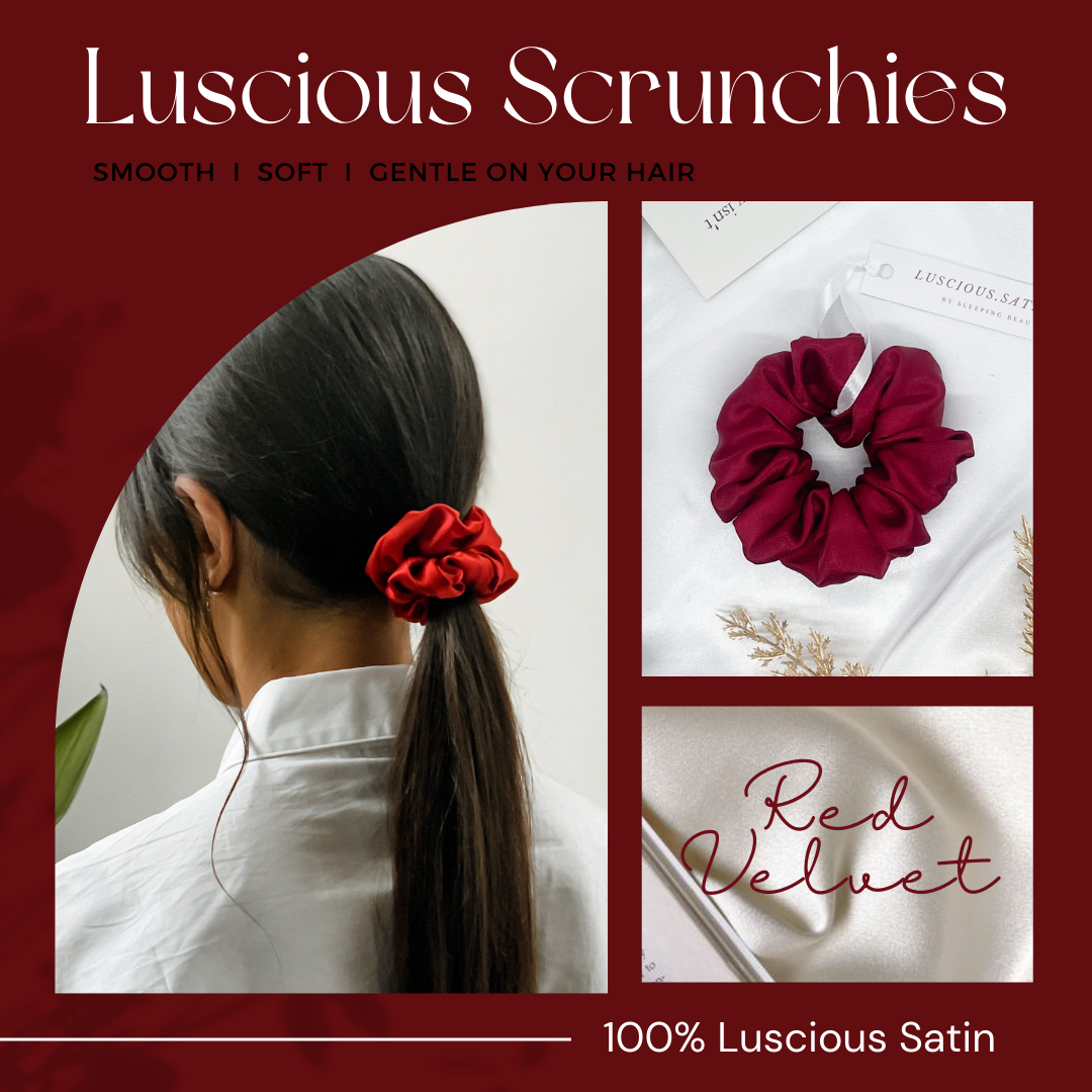 ยางมัดผม สี RED VELVET ทำจาก Luscious Satin ยางรัดผม เนื้อนุ่มละเอียดเกรดพรีเมี่ยม ไม่ดึงผมจนปวดหัว ถนอมเส้นผม ช่วยให้ผมไม่ขาด