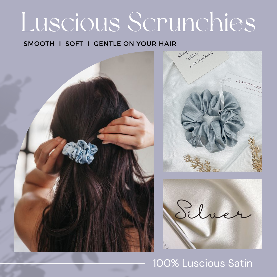 ยางมัดผม สี SILVER ทำจาก Luscious Satin ยางรัดผม เนื้อนุ่มละเอียดเกรดพรีเมี่ยม ไม่ดึงผมจนปวดหัว ถนอมเส้นผม ช่วยให้ผมไม่ขาด