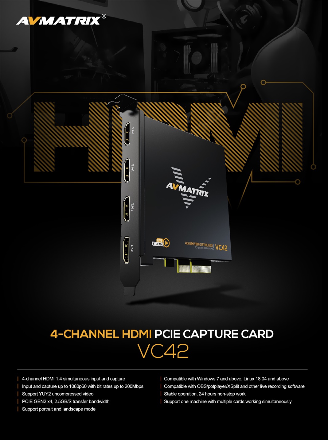AVMatrix - VC42 4-CH HDMI PCIE Capture Card