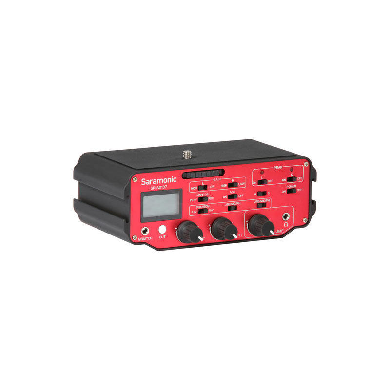 Saramonic SR-AX107 2-channel XLR Audio Adapter with preamplifiers and phantom power for DSLR cameras or camcorders with a built-in microphone jack. Built-in isolation transformer provides a pure and better sound