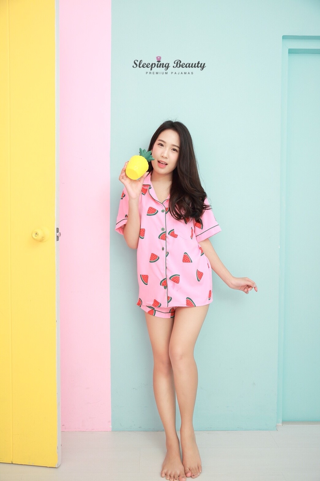 ชุดนอนลายแตงโม สีชมพู เกรดพรีเมี่ยม แบรนด์ Sleeping Beauty แขนสั้น ขาสั้น ชุดนอนผู้หญิง ชุดนอนแขนสั้น ชุดนอนกางเกง