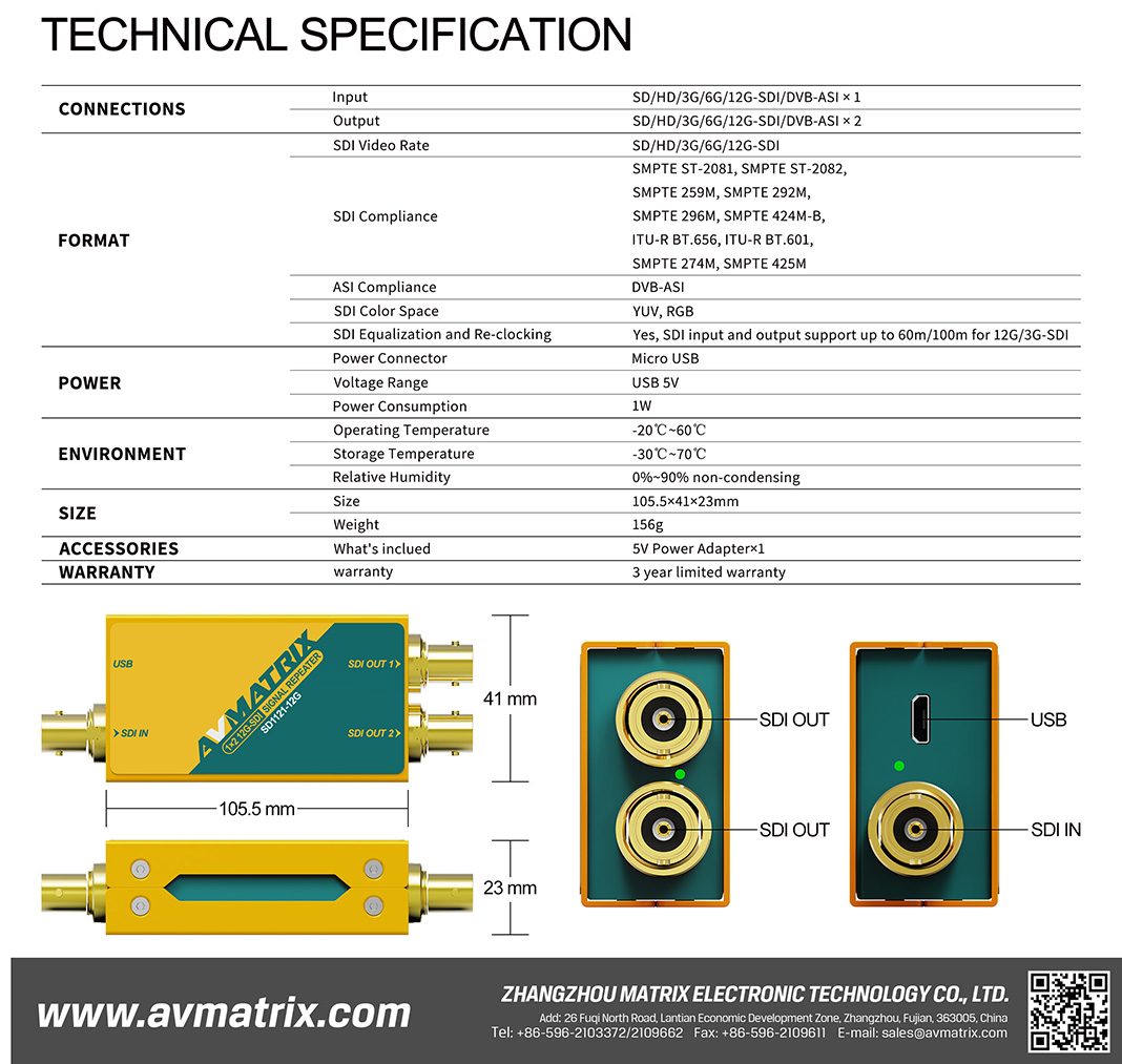 AVMatrix - SD1121-12G 1x2 12G-SDI Reclocking Signal Repeater