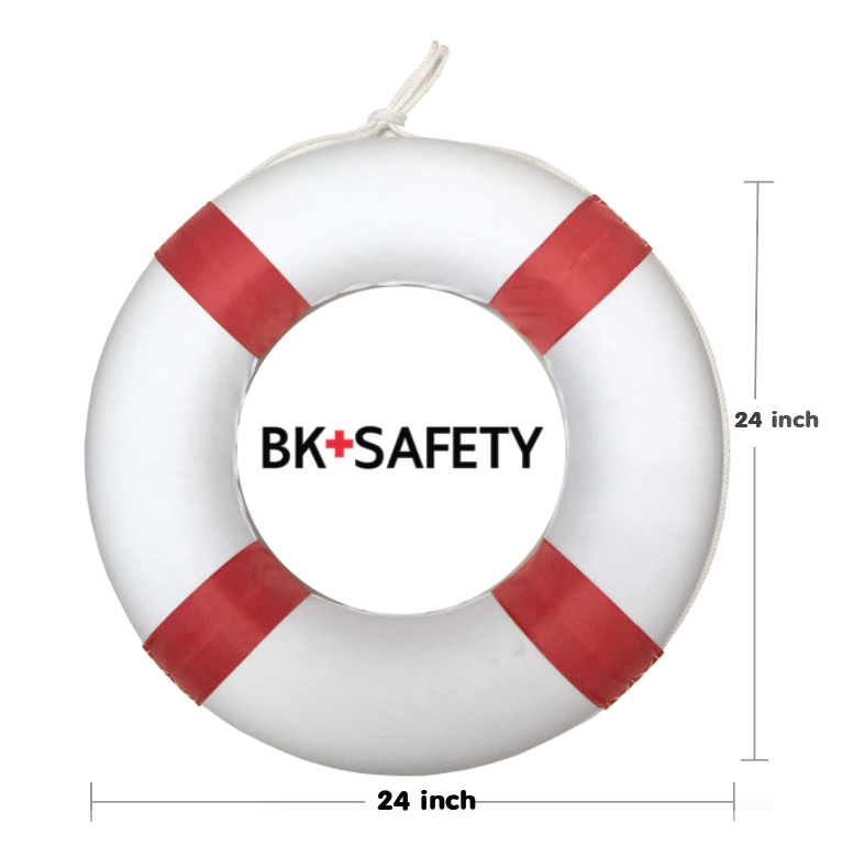 ห่วงชูชีพโฟมหุ้มผ้าดิบสีขาวคาดสีแดง 24 นิ้ว พร้อมเชือกรอบวง