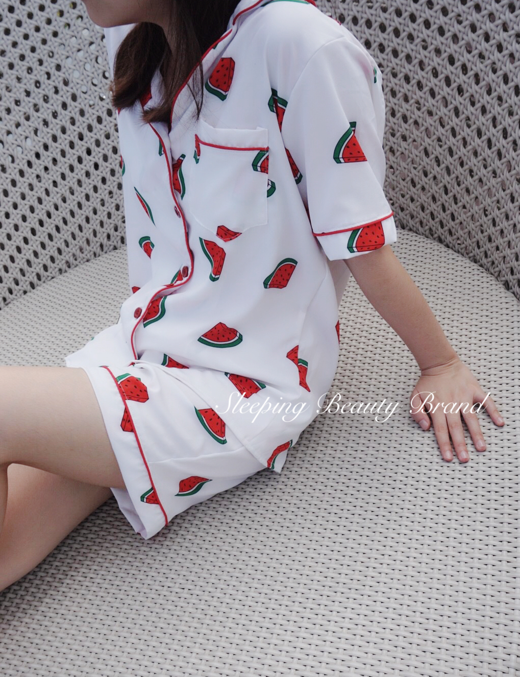 ชุดนอนลายแตงโม สีขาว เกรดพรีเมี่ยม แบรนด์ Sleeping Beauty แขนสั้น ขาสั้น ชุดนอนผู้หญิง ชุดนอนแขนสั้น ชุดนอนกางเกง