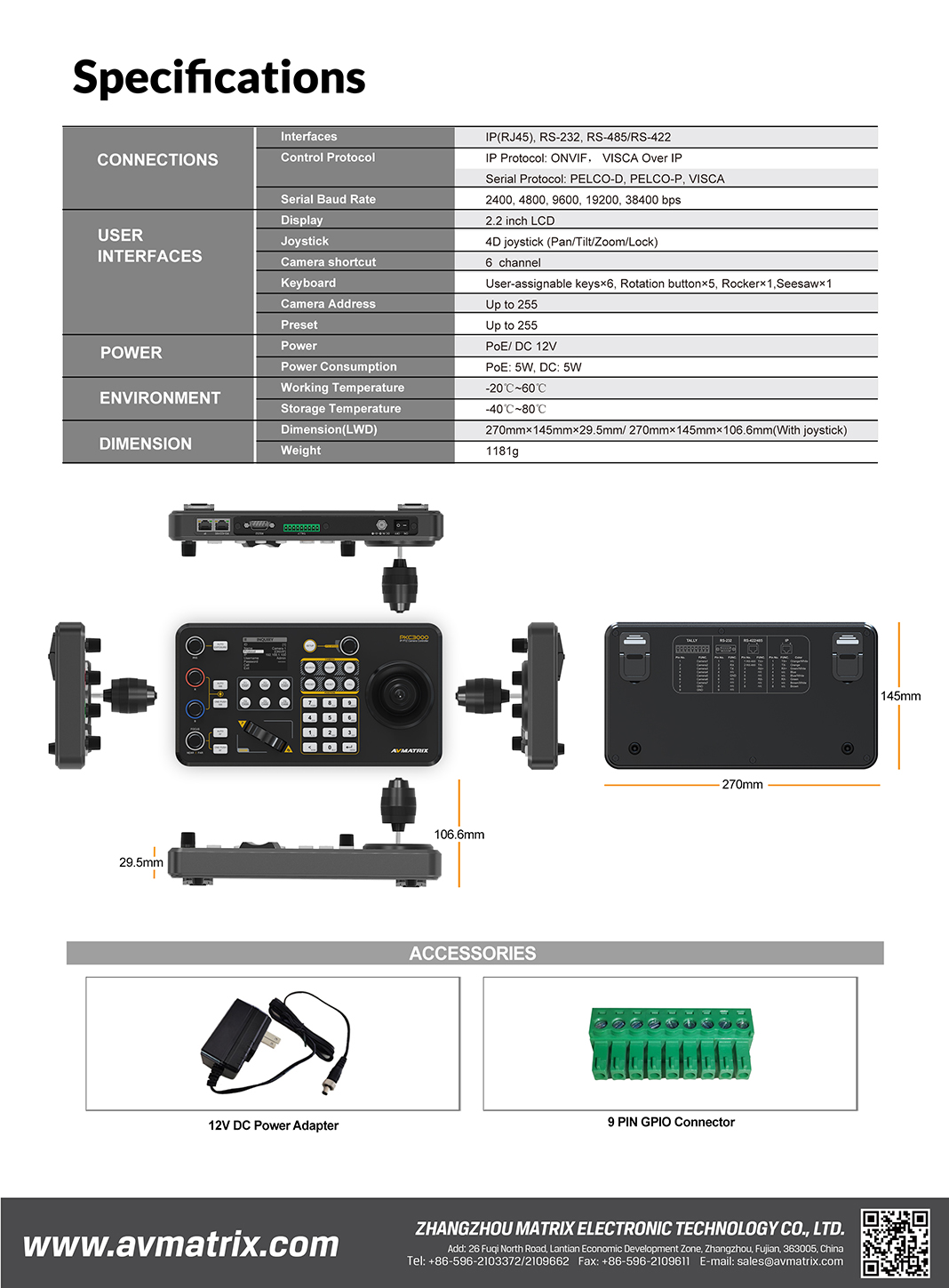 AVMatrix - PKC3000 Professional IP & Serial PTZ Camera Joystick Controller
