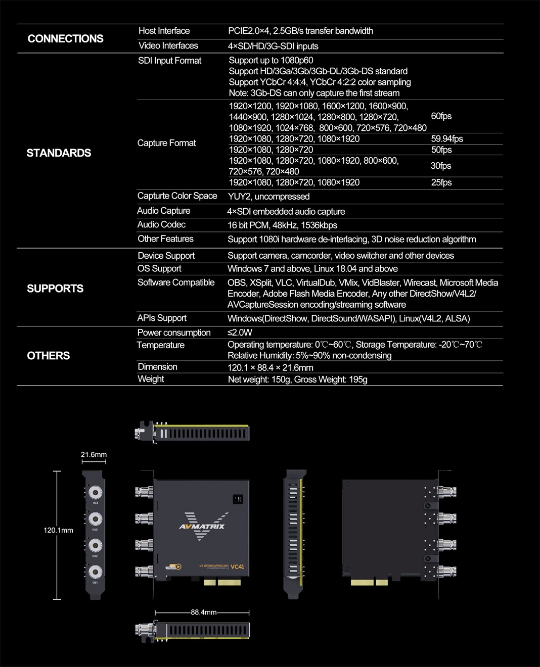 AVMatrix - VC41 4-CH 3G-SDI PCIE Capture Card