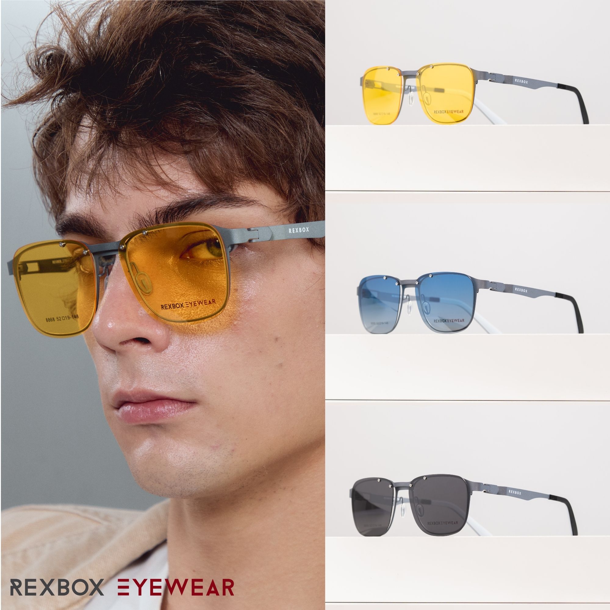 กรอบแว่น REXBOX EYEWEAR รุ่น Forge T2 สี Grey วัสดุ Aluminum Alloy มาพร้อมกับคลิปออน Polarized 3 อัน เทาดำ, ฟ้าใล่เฉด, เหลือง