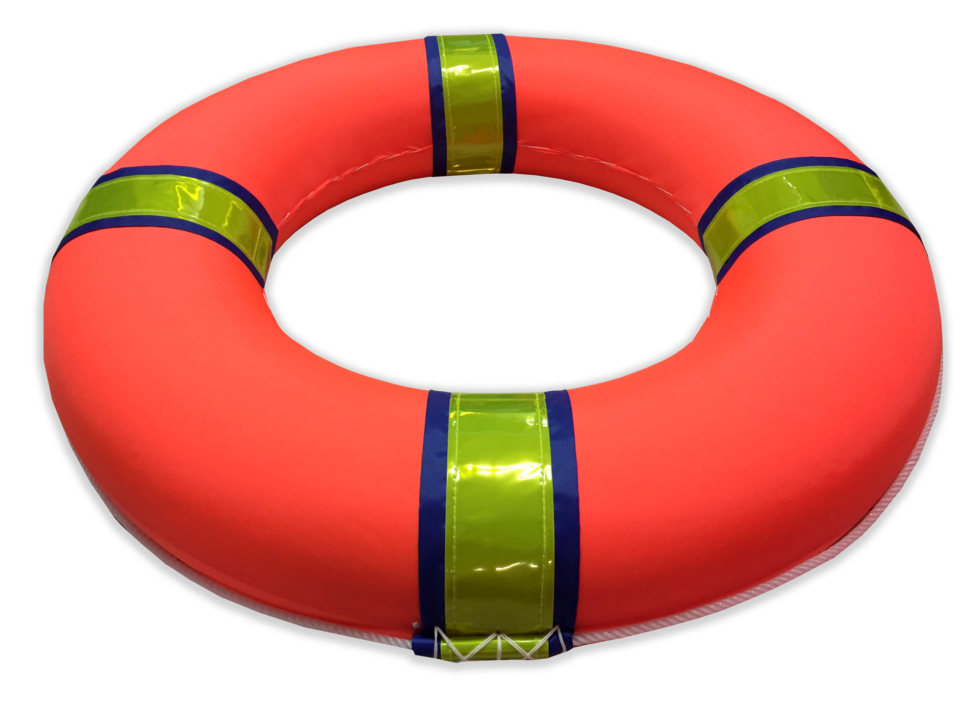 ห่วงชูชีพโฟมหุ้มผ้าดิบสีส้มคาดสีนํ้าเงิน+แถบสะท้อนแสงอย่างดี ขนาด 24 นิ้ว พร้อมเชือกรอบวง