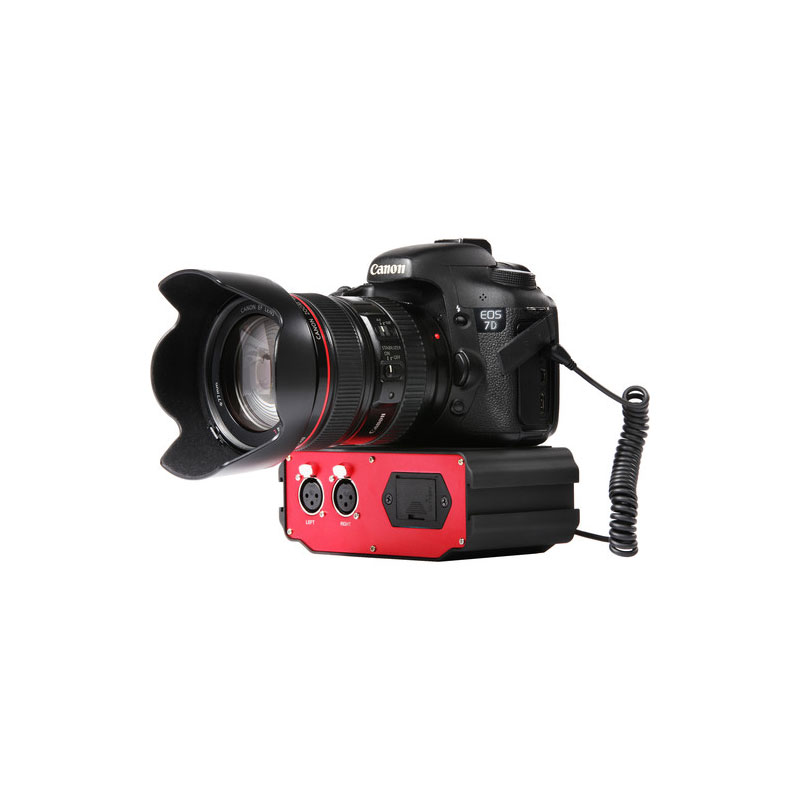 Saramonic SR-AX107 2-channel XLR Audio Adapter with preamplifiers and phantom power for DSLR cameras or camcorders with a built-in microphone jack. Built-in isolation transformer provides a pure and better sound