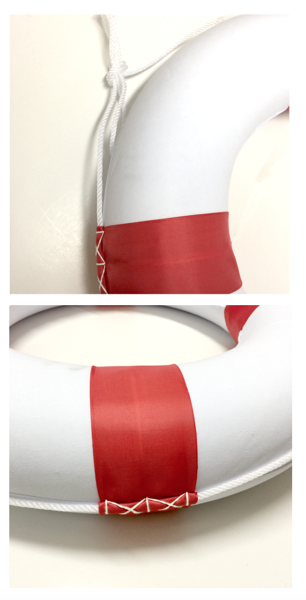 ห่วงชูชีพโฟมหุ้มผ้าดิบสีขาวคาดสีแดง 24 นิ้ว พร้อมเชือกรอบวง