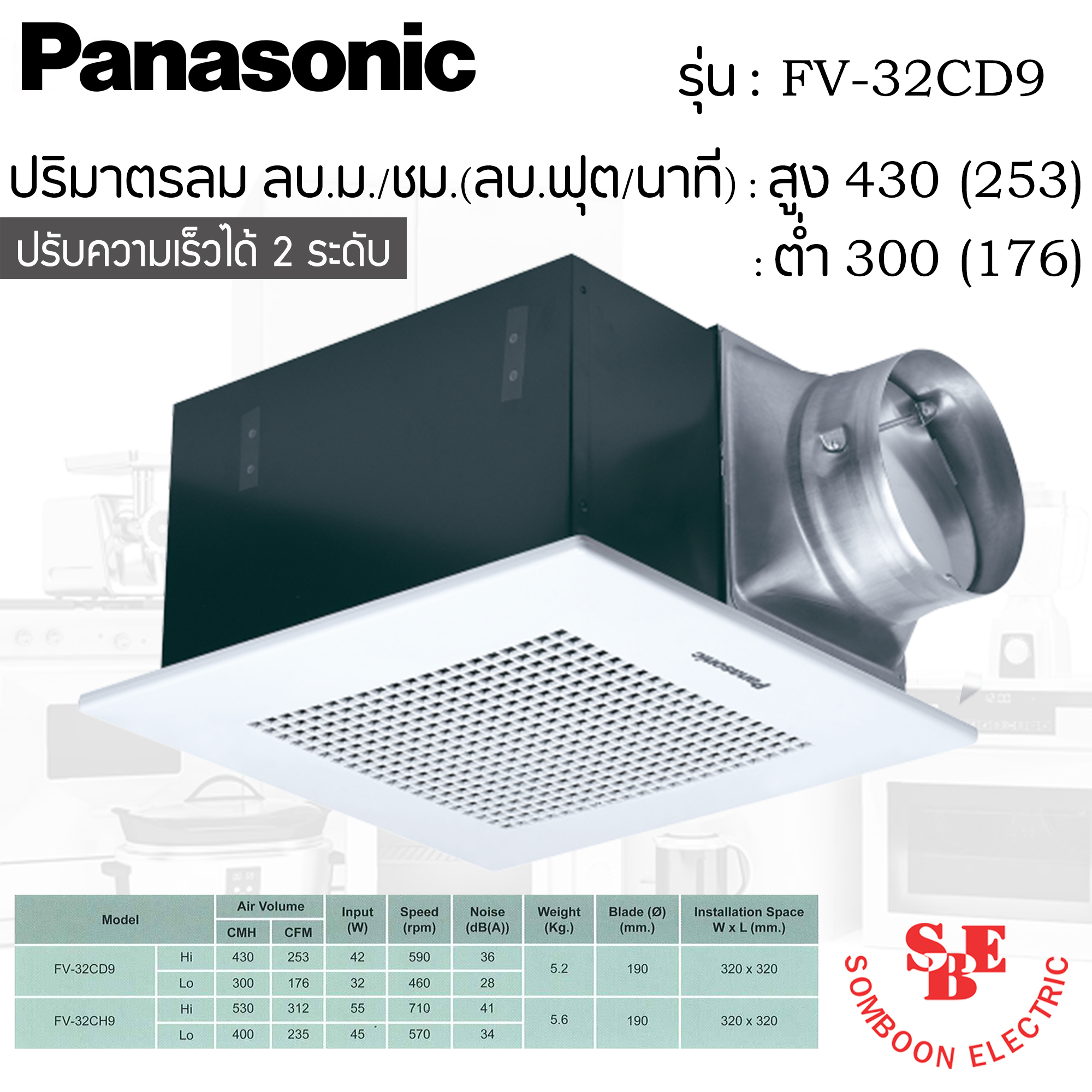 พัดลมดูดอากาศ แบบฝังฝ้า Panasonic ปริมาณลม 430 ลบ.ม./ชม. รุ่น FV-32CD9 (เลือกความเร็วสูง-ต่ำได้)