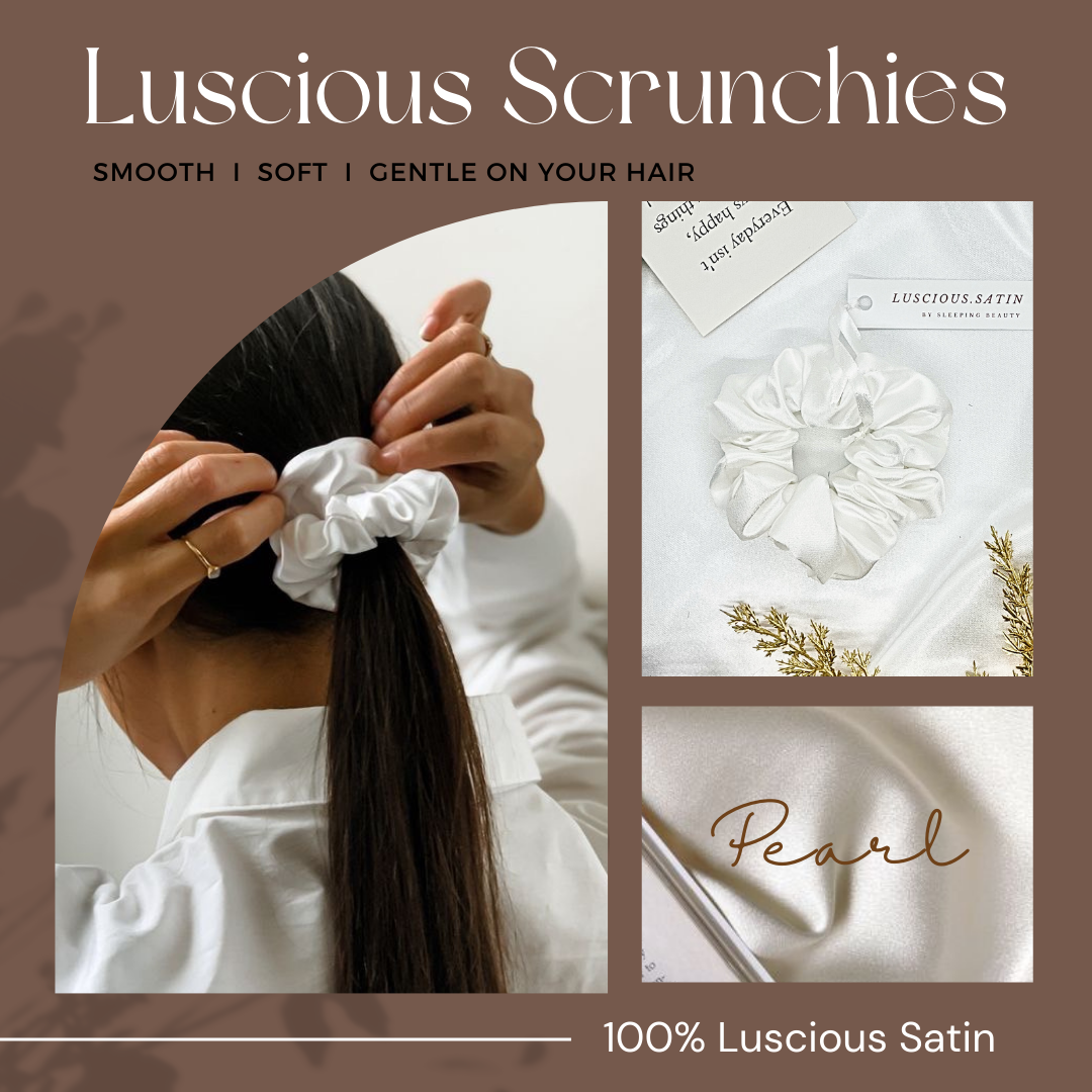 ยางมัดผม สี PEARL ทำจาก Luscious Satin ยางรัดผม เนื้อนุ่มละเอียดเกรดพรีเมี่ยม ไม่ดึงผมจนปวดหัว ถนอมเส้นผม ช่วยให้ผมไม่ขาด