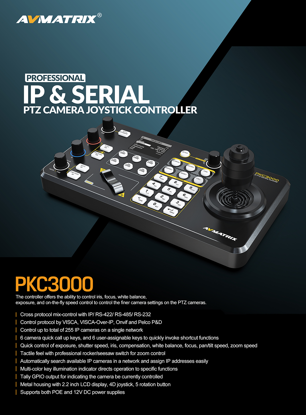 AVMatrix - PKC3000 Professional IP & Serial PTZ Camera Joystick Controller