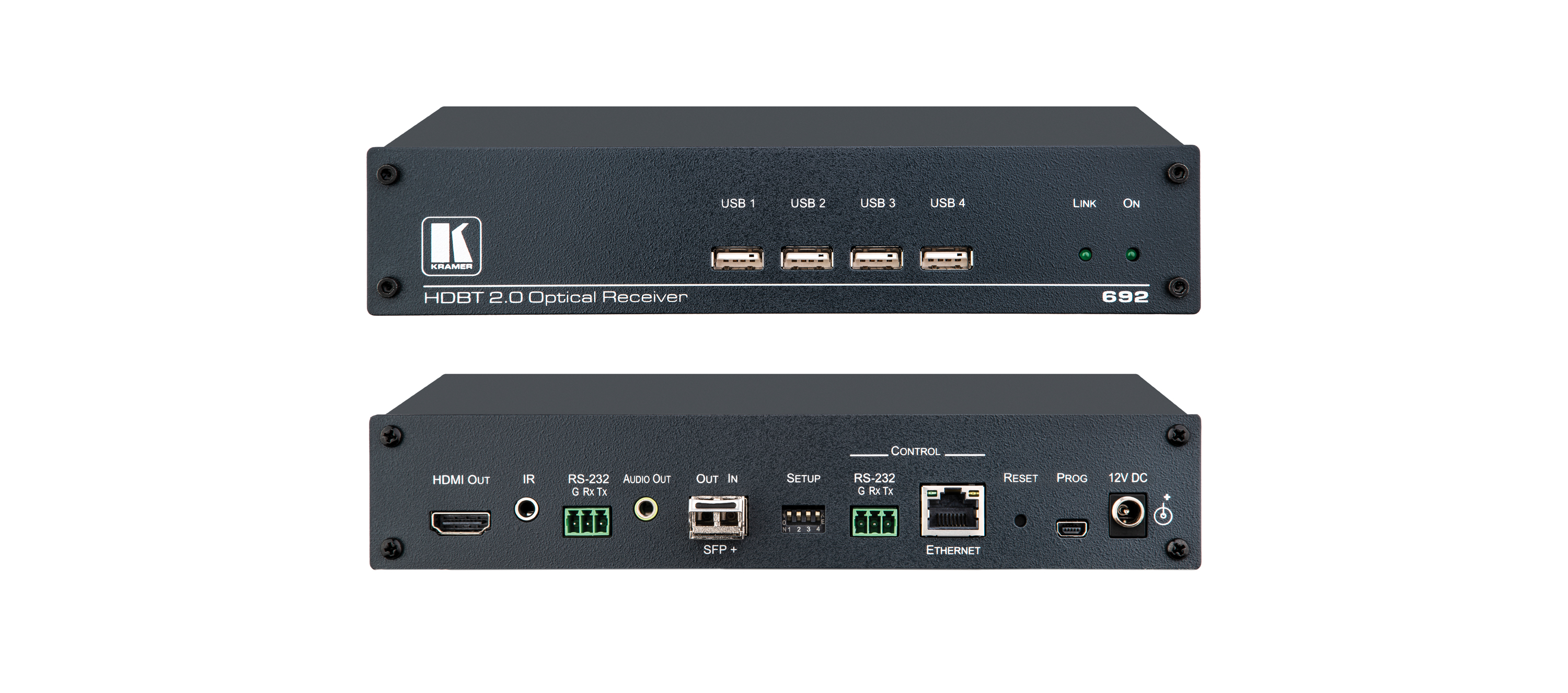 kramerav : 692 4K60 4:2:0 HDMI MM/SM Fiber Optic Receiver with USB, Ethernet, RS–232, IR & Stereo Audio De–embedding over Ultra–Reach HDBaseT 2.0