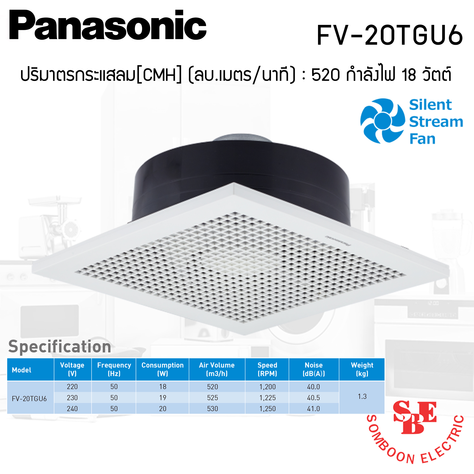 พัดลมดูดอากาศ แบบฝังฝ้า Panasonic ปริมาณลม 520 ลบ.ม./ชม. รุ่น FV-20TGU6