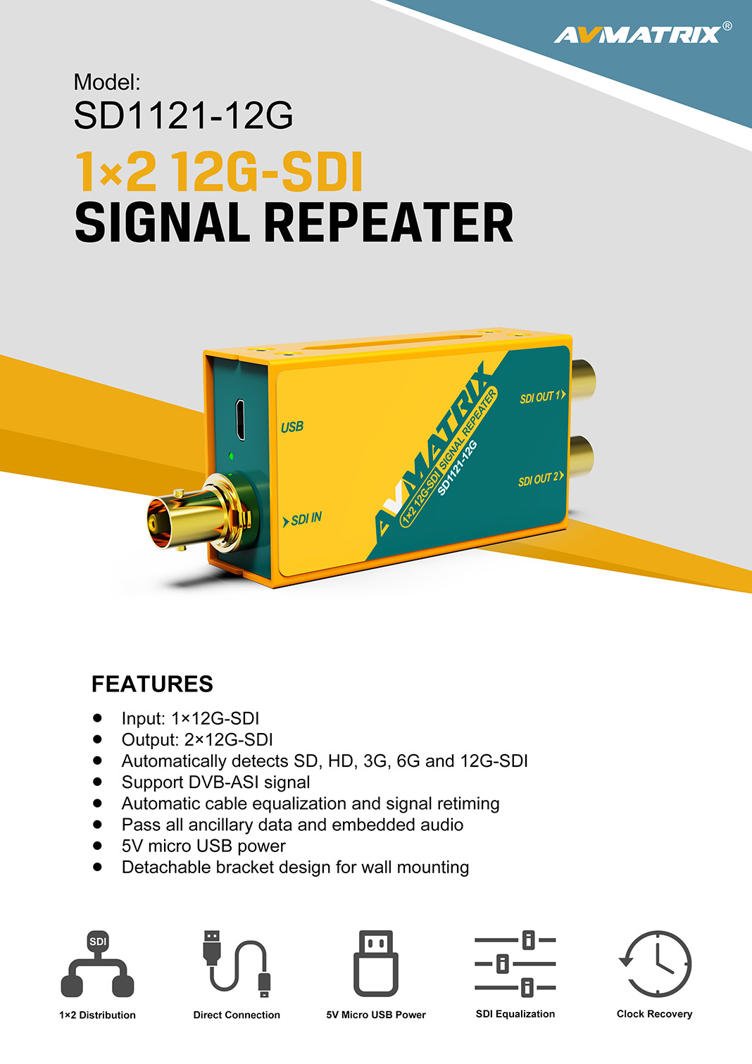 AVMatrix - SD1121-12G 1x2 12G-SDI Reclocking Signal Repeater
