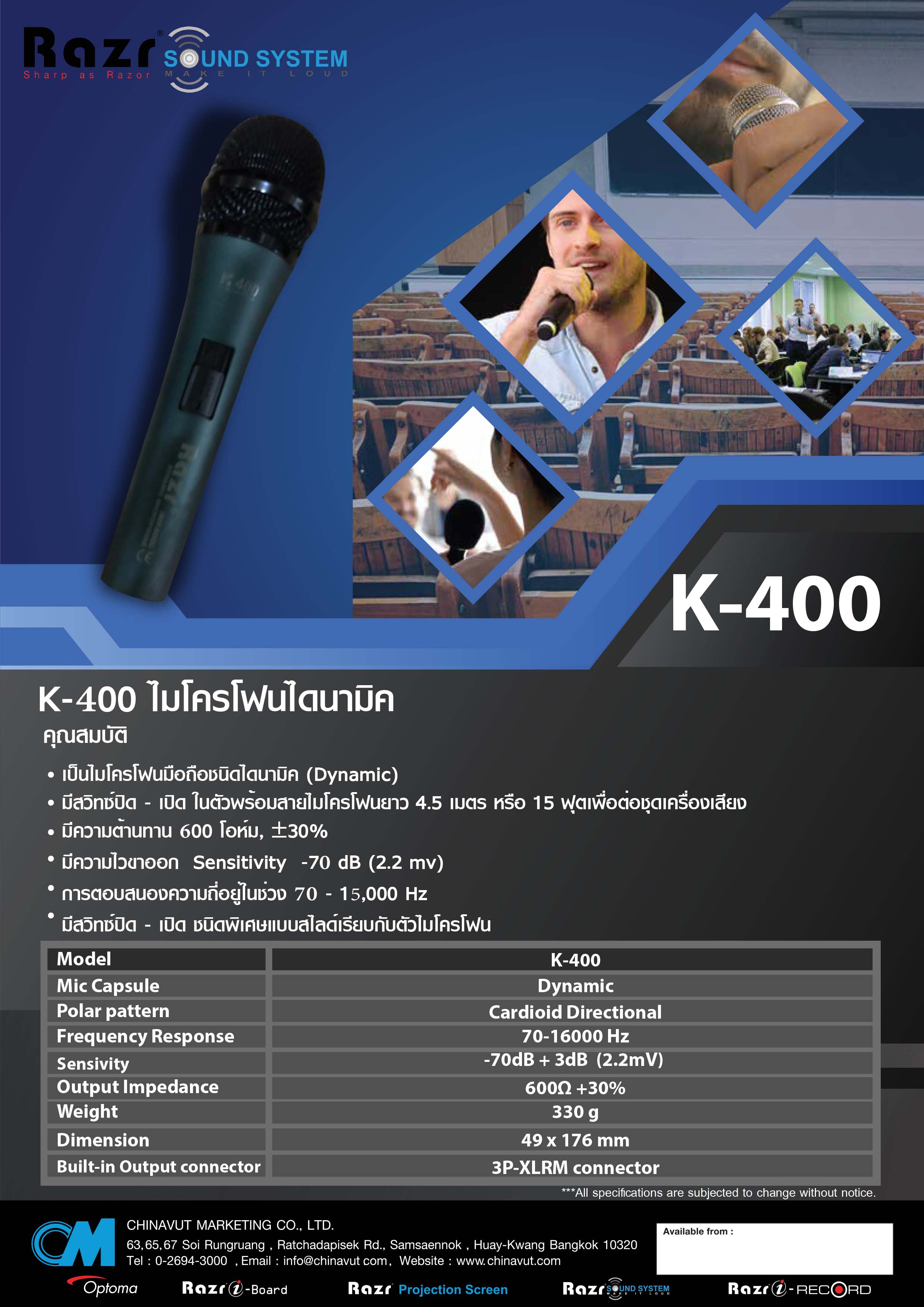 RAZR รุ่น K400 ไมค์โครโฟนมือถือ ชนิดมีสาย รับประกันศูนย์ไทย