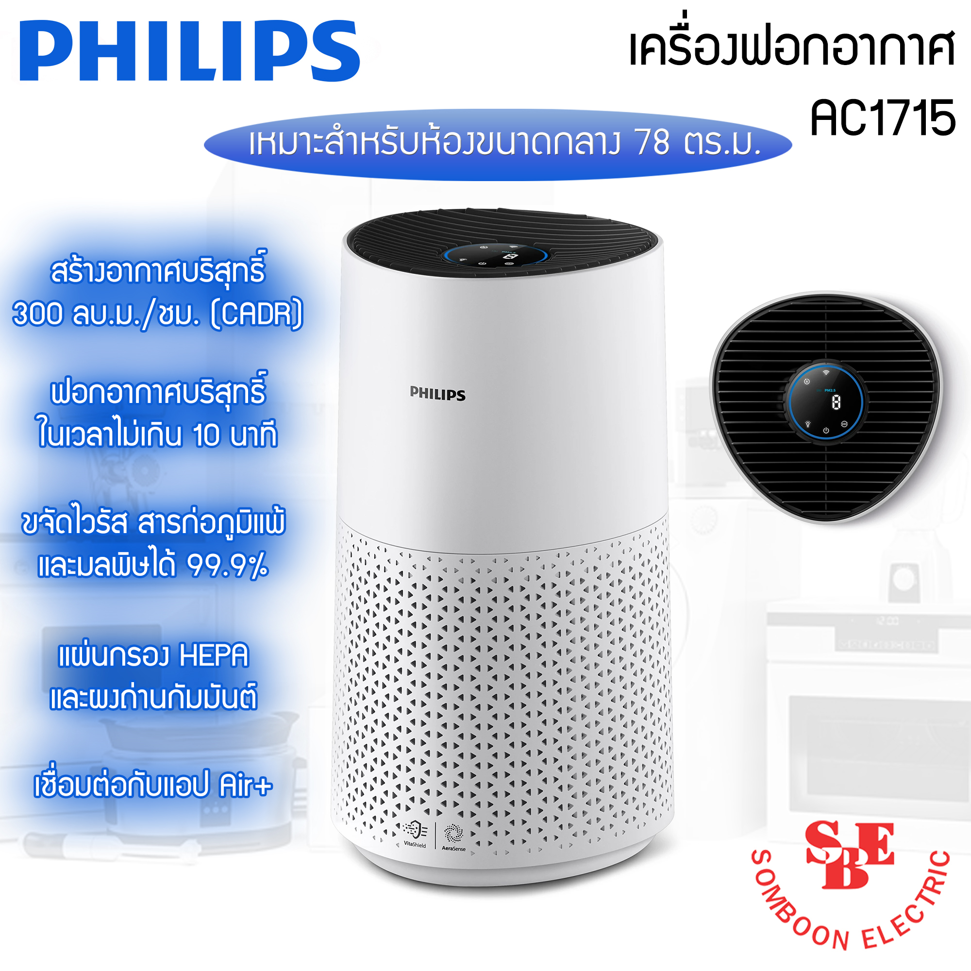 เครื่องฟอกอากาศ Philips 1000i Series รุ่น AC1715/21 (คลอบคลุม 78 ตร.ม.) สำหรับห้องขนาดกลาง