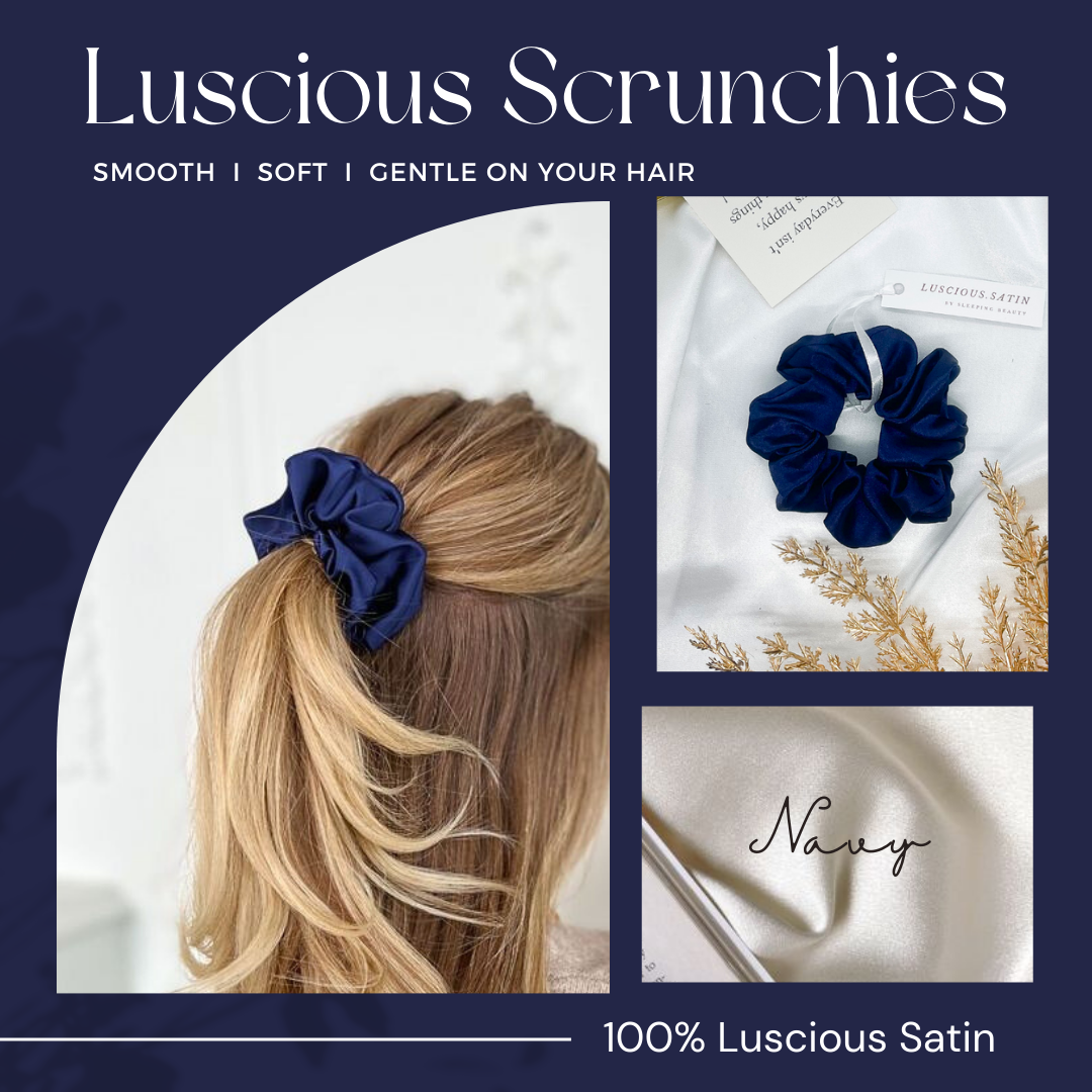 ยางมัดผม สี NAVY ทำจาก Luscious Satin ยางรัดผม เนื้อนุ่มละเอียดเกรดพรีเมี่ยม ไม่ดึงผมจนปวดหัว ถนอมเส้นผม ช่วยให้ผมไม่ขาด