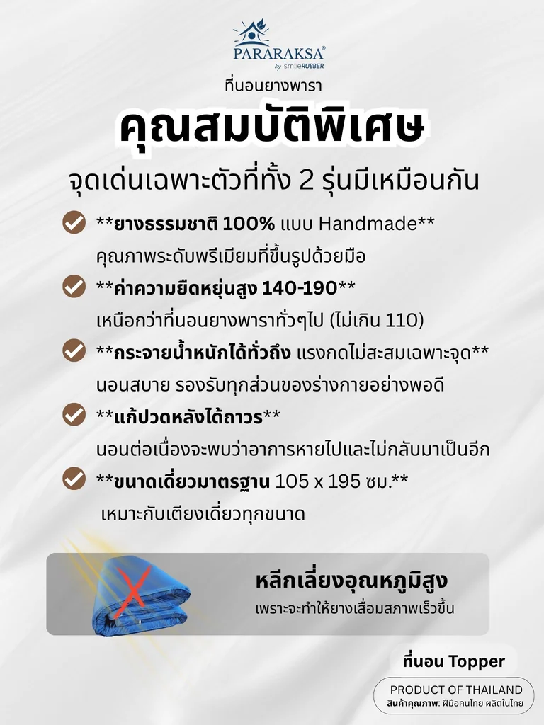 ที่นอน Topper ยางพารา ParaRaksa นุ่มสบาย หลับเต็มตื่น ไม่ยุบ ลดปวดหลัง-เอว ผ้าคอตตอนสะท้อนน้ำ กันไรฝุ่น ทนทาน 5-10 ปี สุขภาพดีระยะยาว ที่นอน Topper ยางพารา ParaRaksa นุ่มสบาย หลับเต็มตื่น ไม่ยุบ ลดปวดหลัง-เอว ผ้าคอตตอนสะท้อนน้ำ กันไรฝุ่น ทนทาน 5-10 ปี สุขภาพดีระยะยาว