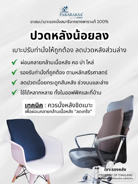 เบาะรองหลังยางพาราเพื่อสุขภาพ ParaRaksa คลายปวดเมื่อย หายปวดหลัง ปรับบุคลิกภาพการนั่งทำงาน แก้ออฟฟิศซินโดรม (ขนาด 34x40x49x8 ซม. หนัก 1.6 กก.) image 2 เบาะรองหลังยางพาราเพื่อสุขภาพ ParaRaksa คลายปวดเมื่อย หายปวดหลัง ปรับบุคลิกภาพการนั่งทำงาน แก้ออฟฟิศซินโดรม (ขนาด 34x40x49x8 ซม. หนัก 1.6 กก.) image 2