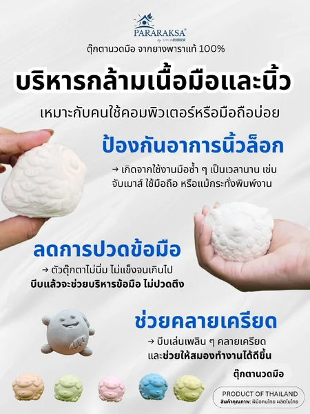ตุ๊กตานวดมือยางพาราเพื่อสุขภาพ ParaRaksa แก้อาการนิ้วล็อค ออกกำลังกายนิ้วมือ ลดเกร็ง ชา ตามนิ้วมือ (ขนาด 6x6x6 ซม. หนัก 20 กรัม.) image 3 ตุ๊กตานวดมือยางพาราเพื่อสุขภาพ ParaRaksa แก้อาการนิ้วล็อค ออกกำลังกายนิ้วมือ ลดเกร็ง ชา ตามนิ้วมือ (ขนาด 6x6x6 ซม. หนัก 20 กรัม.) image 3