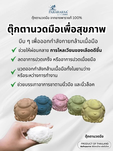 ตุ๊กตานวดมือยางพาราเพื่อสุขภาพ ParaRaksa แก้อาการนิ้วล็อค ออกกำลังกายนิ้วมือ ลดเกร็ง ชา ตามนิ้วมือ (ขนาด 6x6x6 ซม. หนัก 20 กรัม.) image 2 ตุ๊กตานวดมือยางพาราเพื่อสุขภาพ ParaRaksa แก้อาการนิ้วล็อค ออกกำลังกายนิ้วมือ ลดเกร็ง ชา ตามนิ้วมือ (ขนาด 6x6x6 ซม. หนัก 20 กรัม.) image 2